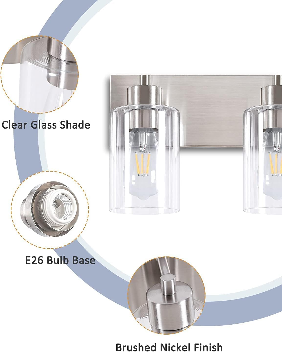 Brushed Nickel Bathroom Vanity Lights 3-Light, Clear Glass Shade