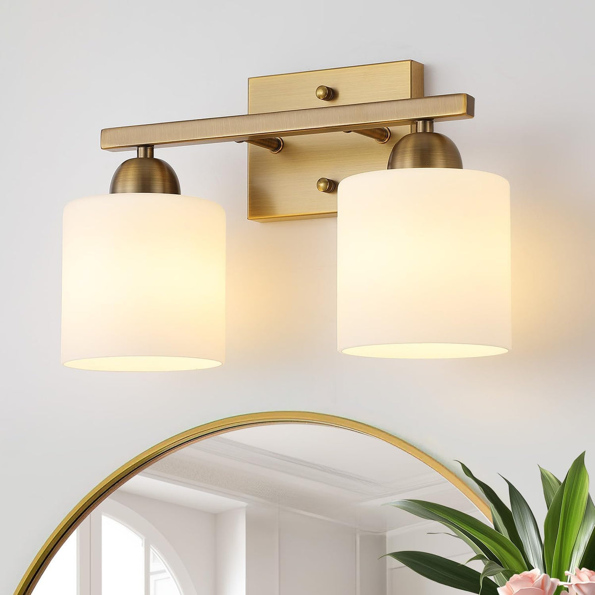 Milk Glass Vanity Lights for Bathroom, 2 Light Antique Matte Brass Bathroom V...