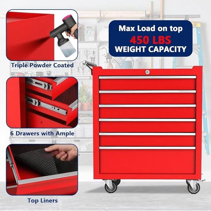 IDEALHOUSE Rolling Tool Chest, 6 Drawers Tool Storage Cabinet, Toolbox