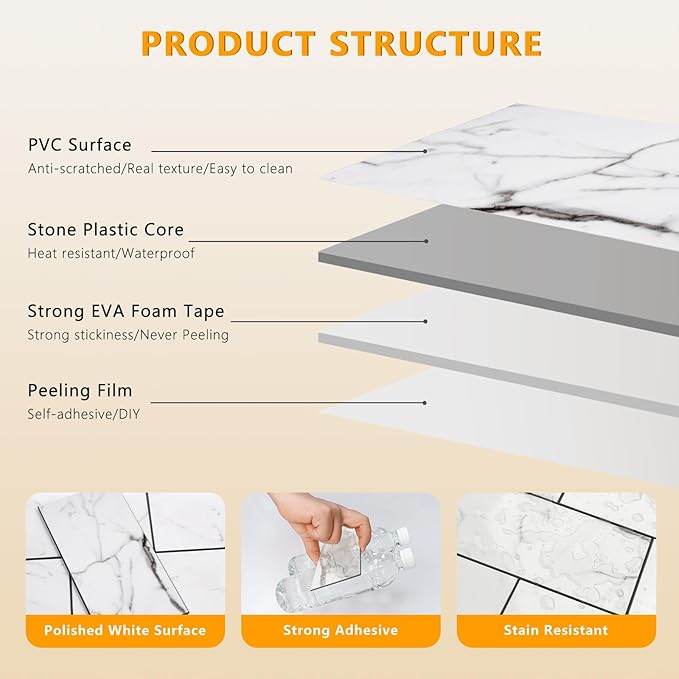 Vamos Tile 100-Piece Glossy Statury White Peel and Stick Backsplash Tile