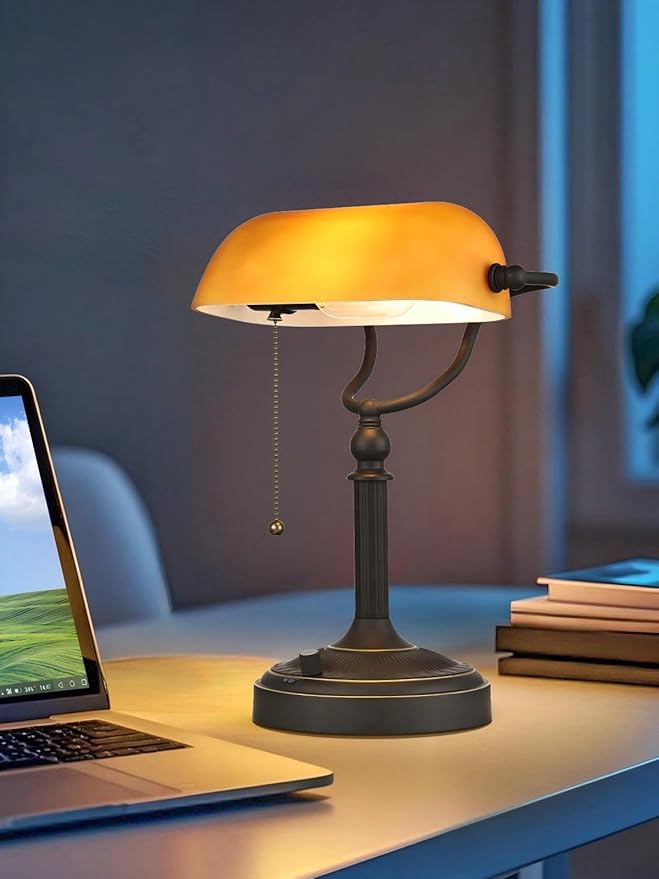 Newrays Matted Amber Glass Bankers Desk Lamp, Stepless Dimmable Table Lamp Plug