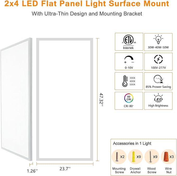 Mcacggo 2x4 FT LED Flat Panel Light Surface Mount 5000K-4000K-3000K Switchabl...