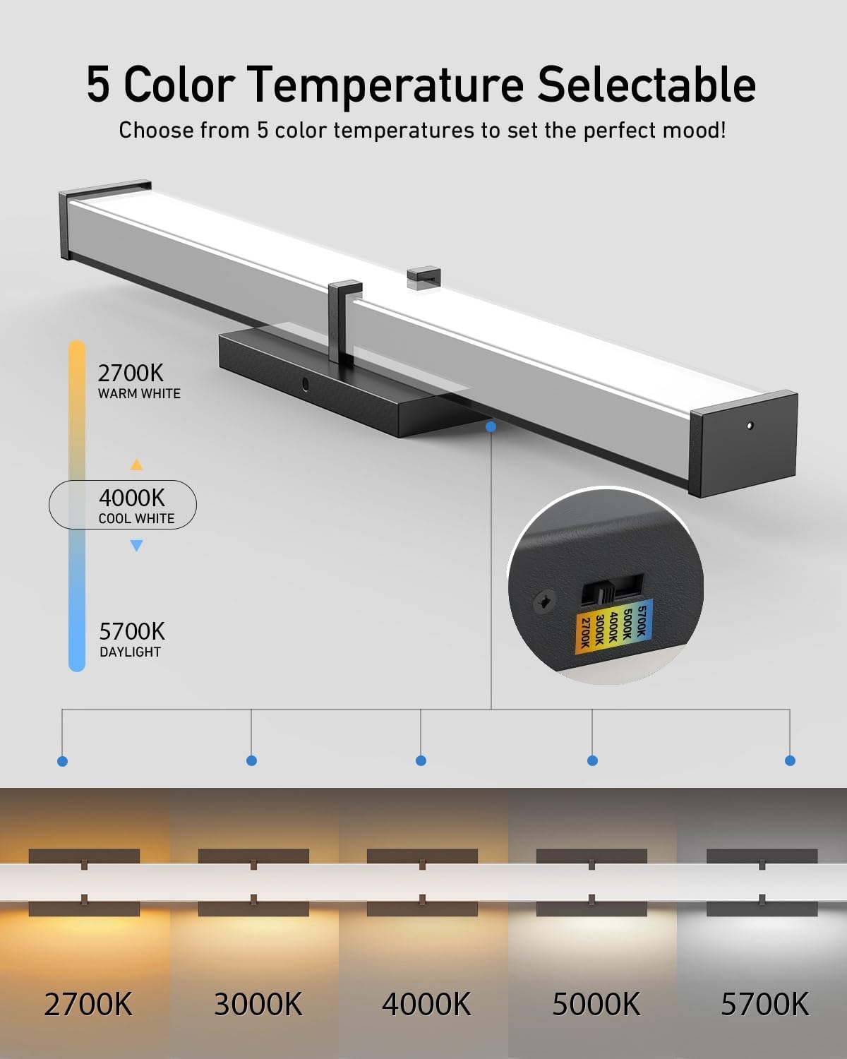 Modern 24IN Black Bathroom Vanity Light, 25W 2500 Lumen Dimmable, 5CCT, ETL C...
