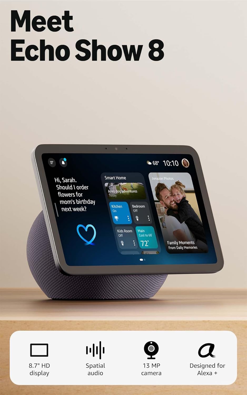 Amazon Echo Show 8 (newest model), Vibrant HD 8.7" display with spatial ...