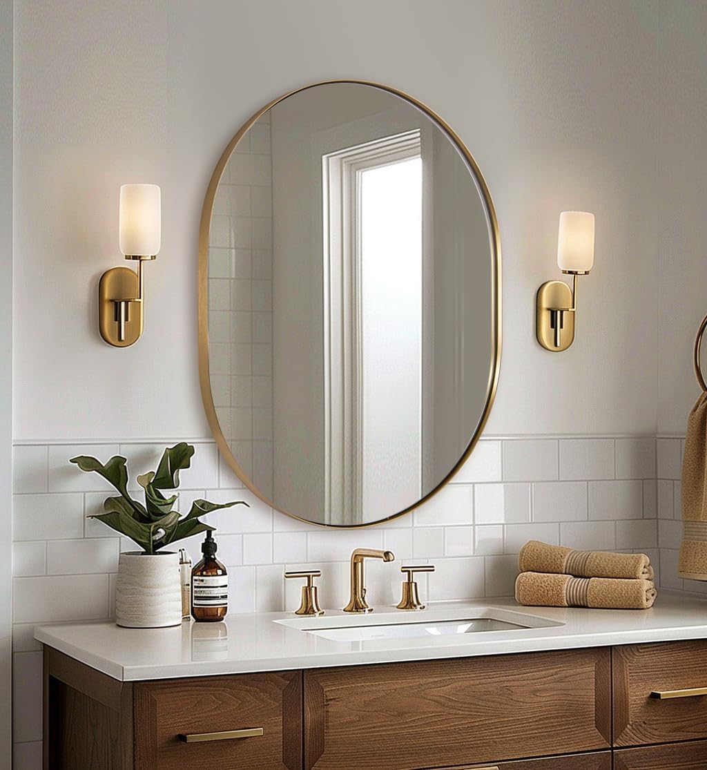 Oval Bathroom Mirror, 24x32’’ Gold Oval Mirror Pill-Shaped Design in Stainles...