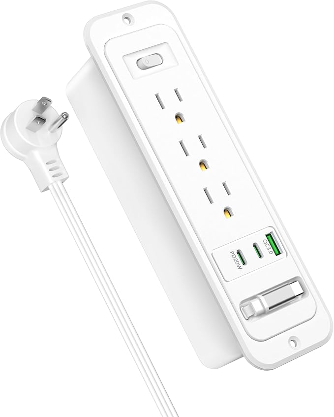 Recessed Power Strip with Retractable USB C Cable, 2 PD 20W USB C, Flush Mount