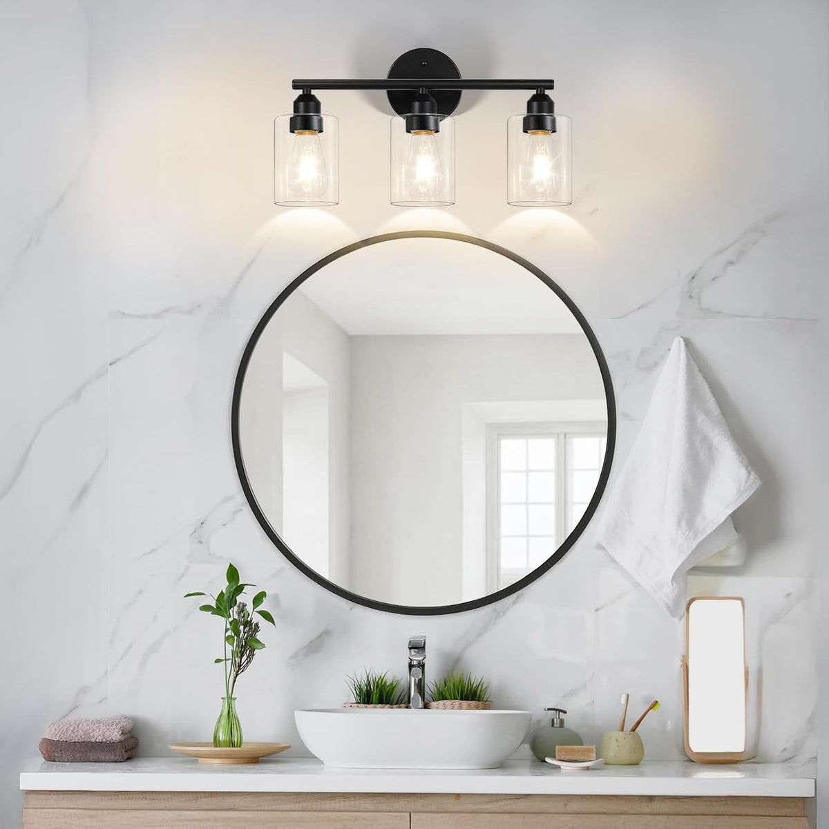 3-Light Black Modern Bathroom Vanity Light Fixtures, 17.3"