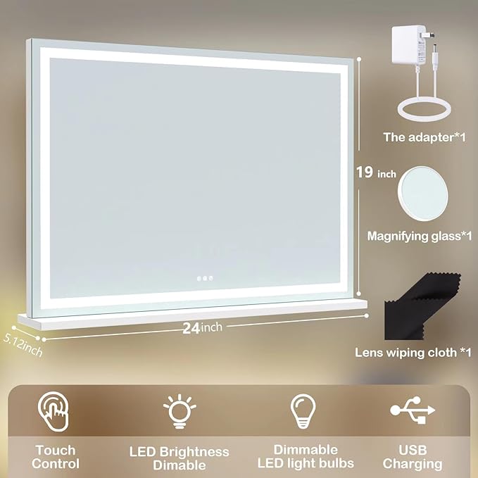 Makeup Vanity Mirror 24" x 19" Large LED Makeup Mirror, Desk Mirorr