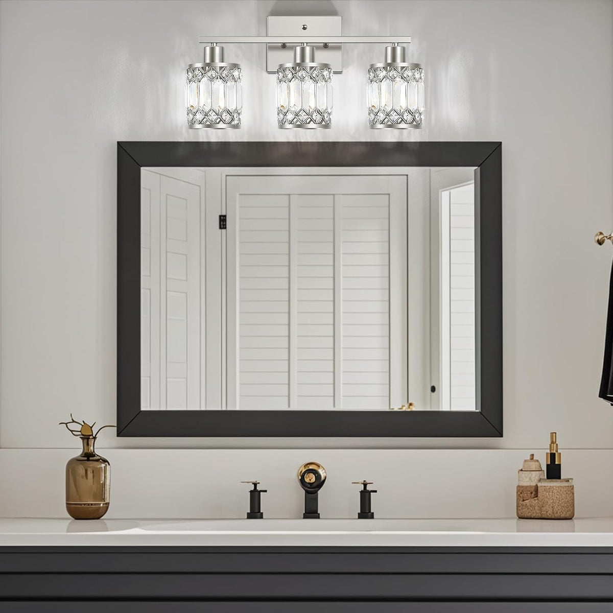 Crystal Modern Bathroom Light Fixtures, 3-Light Brushed Nickel Bathroom Vanit...