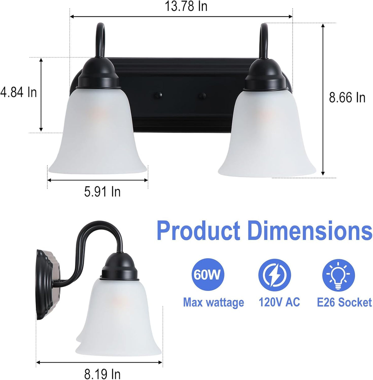 2-Light Bathroom Vanity Light, Black Wall Light with Frosted Glass Shades