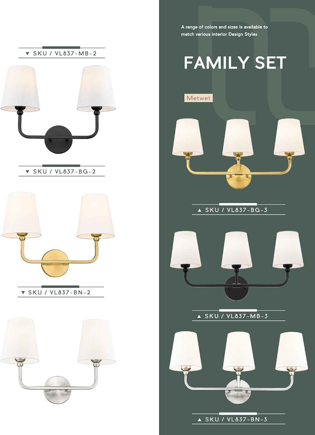 Bathroom Light Fixtures, Brushed Nickel Vanity Lights with Flared White Fabri...