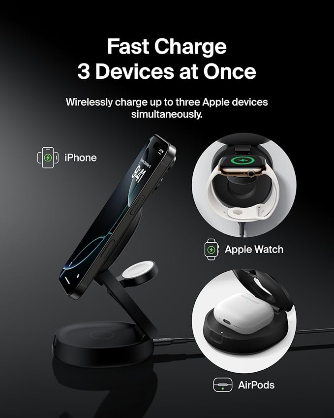 Belkin MagSafe Charger Compatible, 3-in-1 Qi2 15W Wireless Charging Station