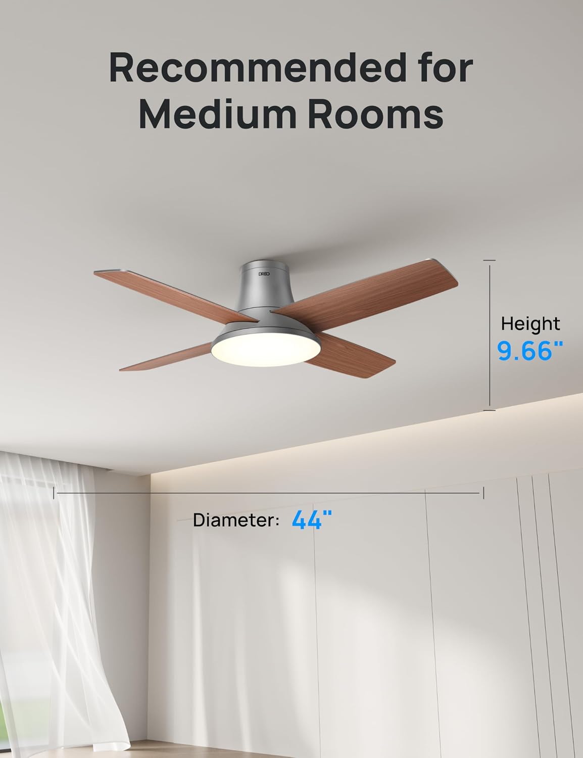 DREO Ceiling Fan, 44 Inch Low Profile Ceiling Fan with Light and Remote, 5CCT...