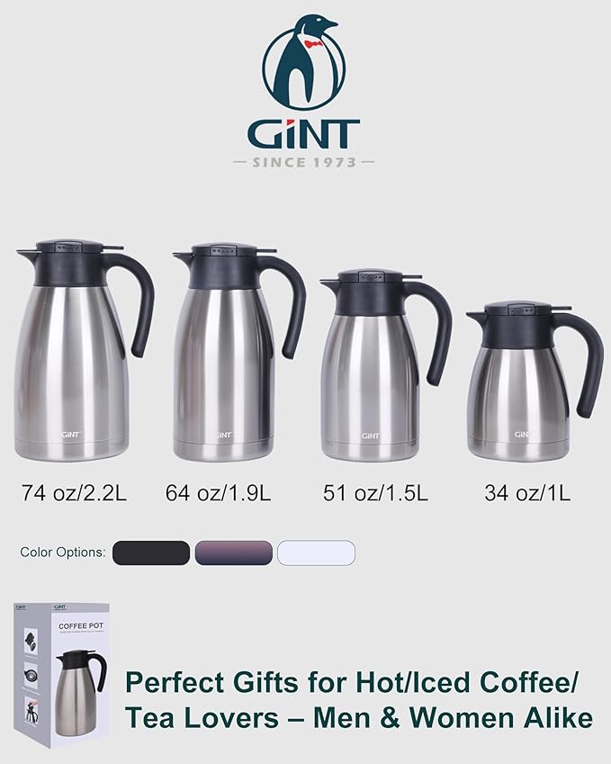 GiNT 64Oz Thermal Coffee Carafe, Insulated Stainless Steel Coffee Carafes