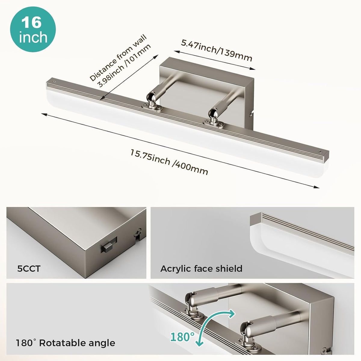 Brushed Nickel Vanity Light, 15.7” Dimmable LED Bathroom Light Bar with 5CCT,...
