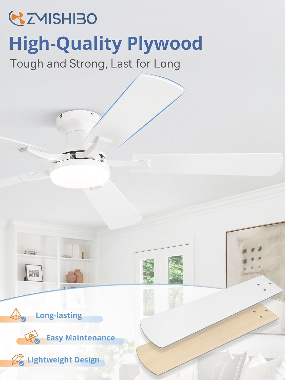 ZMISHIBO 52 Inch Ceiling Fans with Lights, Remote&App Control, Flush Mount