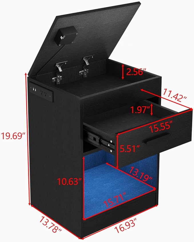 Auromie Nightstand with Charging Station and LED Lights, Concealment Furniture