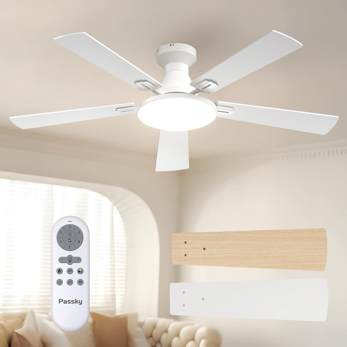 52 Inch White Low Profile Ceiling Fans with Lights and Remote