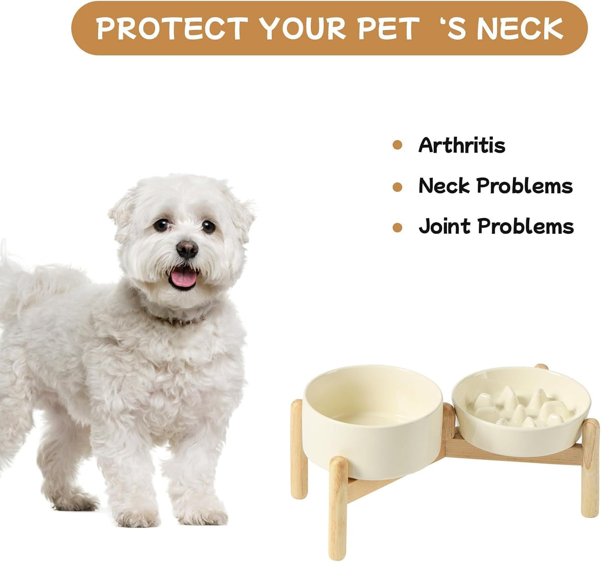 Ceramic 0.9 Cup Raised Slow Feeder Dog Bowl Set, Elevated 6.1inch Slow Dish and