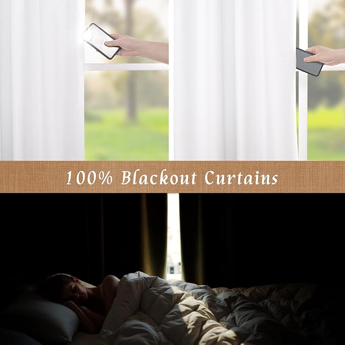 LAMIT Natural 100% Blackout Linen Curtains, 54 Inches Linen Textured Thermal