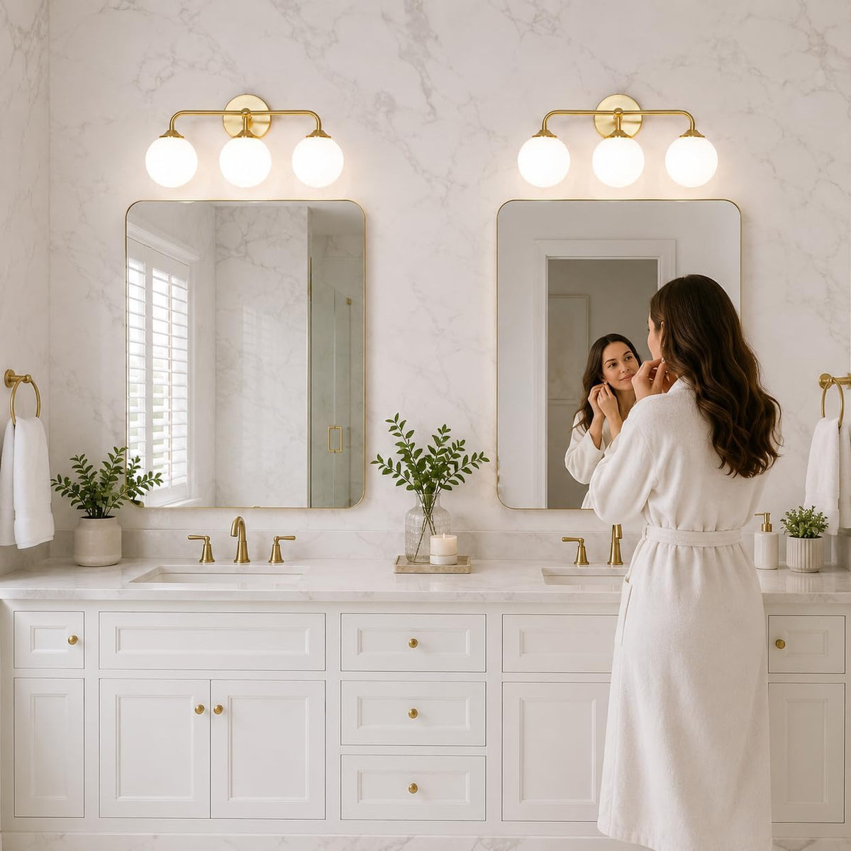 Modern Brushed Gold 3-Lights Vanity Light Fixtures with Milky White Glass Bal...
