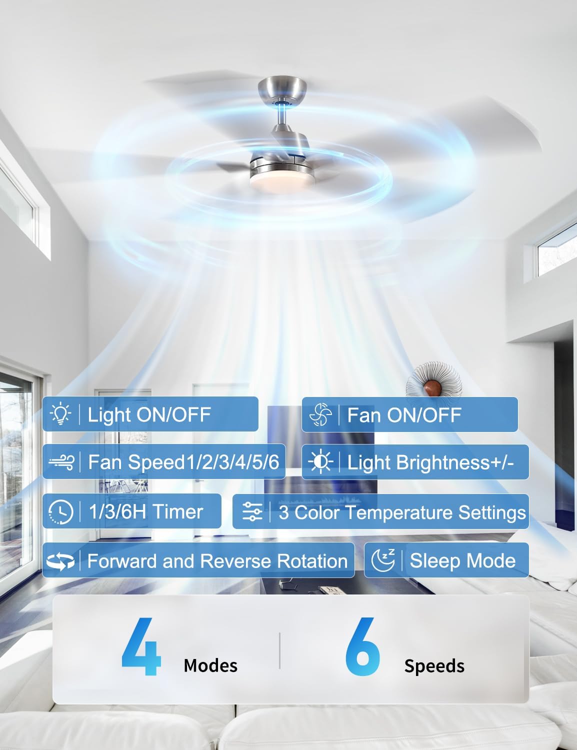 60Inch Brushed Nickel Ceiling Fans with Lights and Remote,Downrod