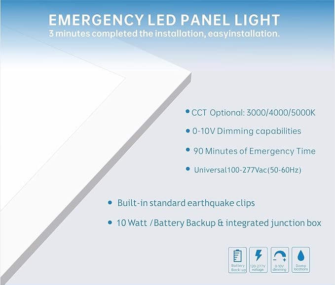 2X2 LED Flat Panel Light Emergency Battery Backup, 40W-3000K/4000K/5000K (16 ...