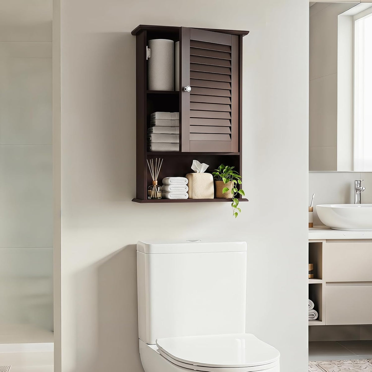 Tangkula Medicine Cabinet, Wall Mounted Bathroom Cabinet Single Door Wooden B...