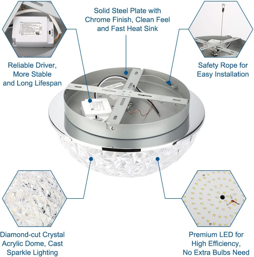 12in LED Crystal Chandelier Flush Mount, 3000K/4000K/5000K 3CCT