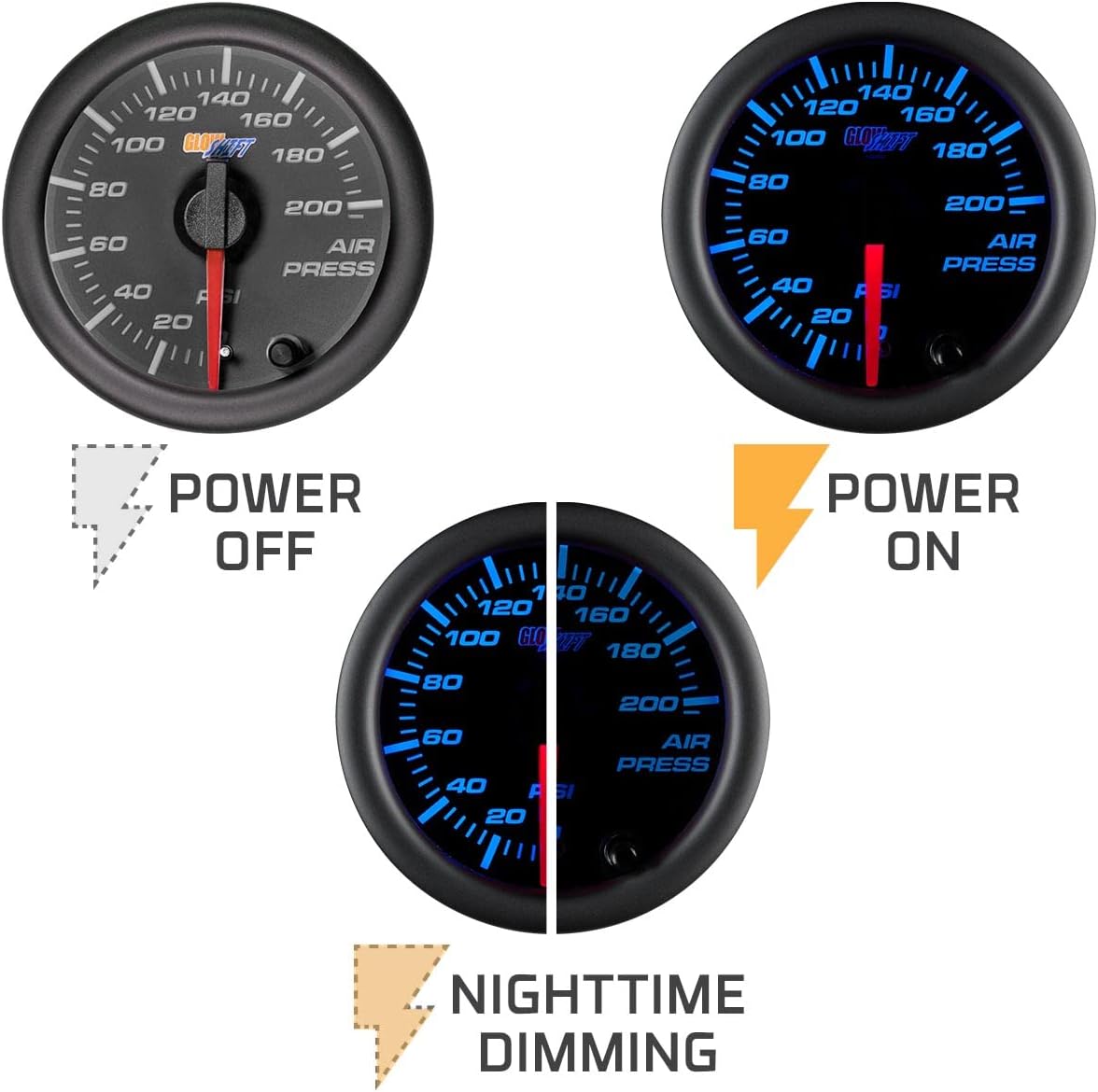 GlowShift Black 7 Color 200 PSI Air Pressure Gauge Kit, 2-1/16" 52mm