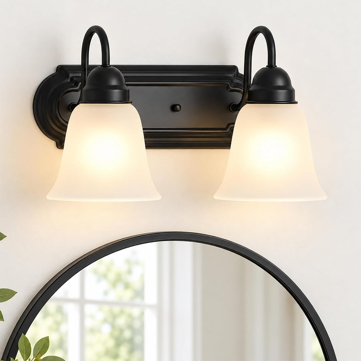2-Light Bathroom Vanity Light, Black Wall Light with Frosted Glass Shades