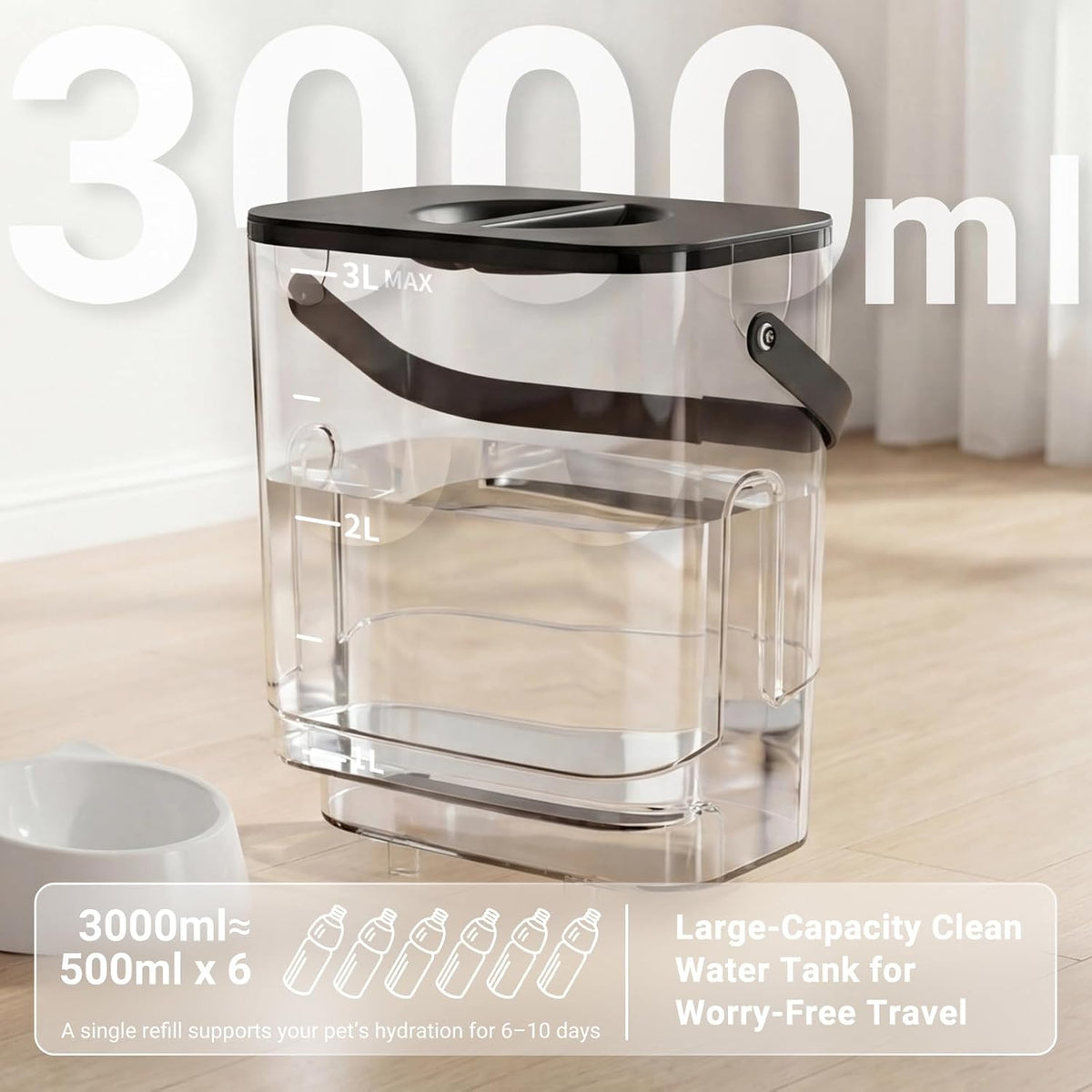 3L Filterless Cat Water Fountain, Wireless, Wastewater Separation,Black