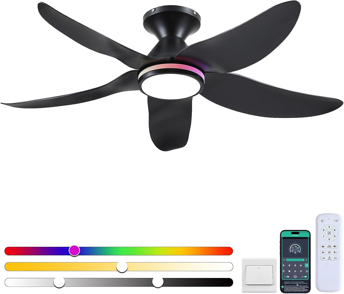 Kviflon 46 In Ceiling Fans with RGB Ring Lights Remote/APP,5 Blades Black