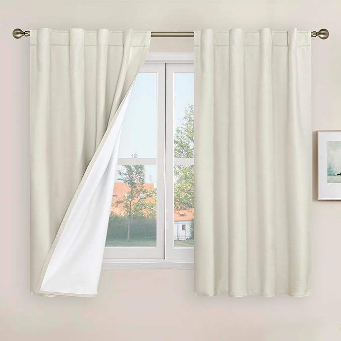 LAMIT 100% Blackout Short Linen Curtains, 48 Inch Length Linen Textured Thermal