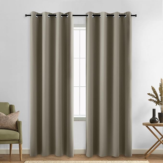 KOUFALL 90 Inch Blackout Curtains, Grommet Taupe Satin Polyester Thermal