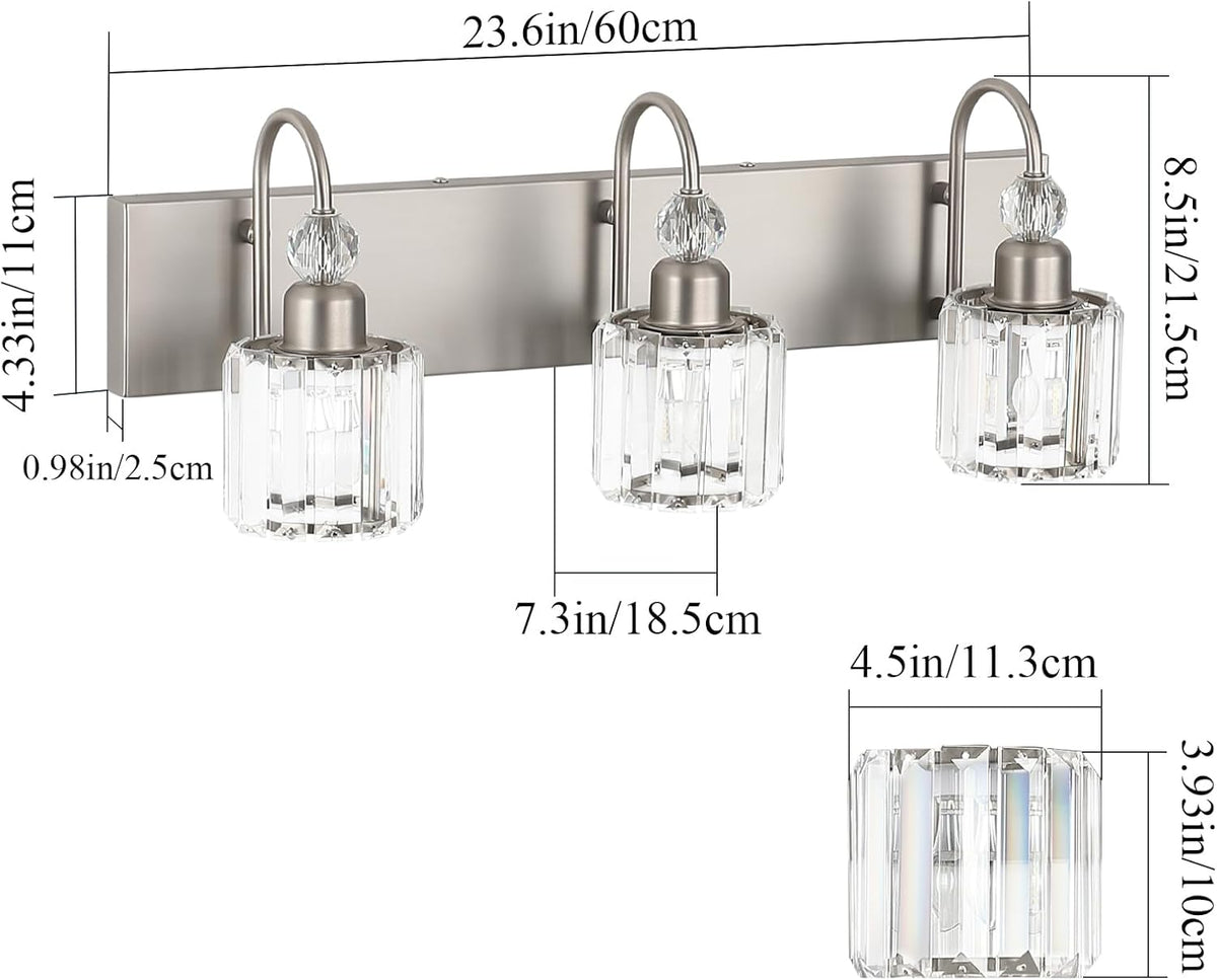 Ralbay Brushed Nickel Vanity Light for Bathroom Crystal 3-Light Modern Bathro...