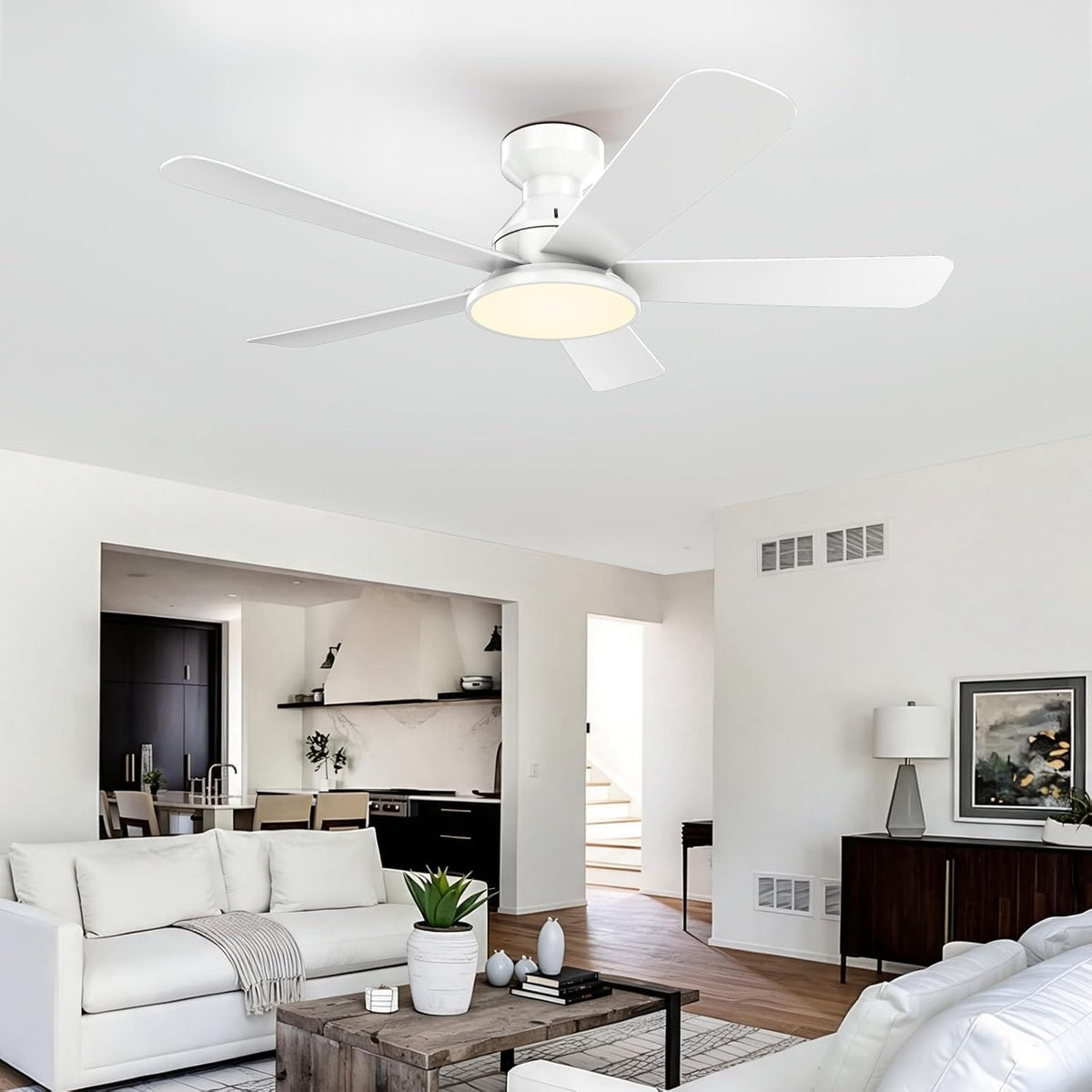 46" Low Profile Ceiling Fans with Lights Flush Mount, Modern White