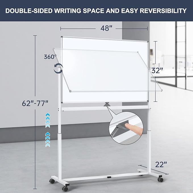 White Board on Wheels, 48 x 32 Inches Height-Adjustable Large Rolling Whiteboard