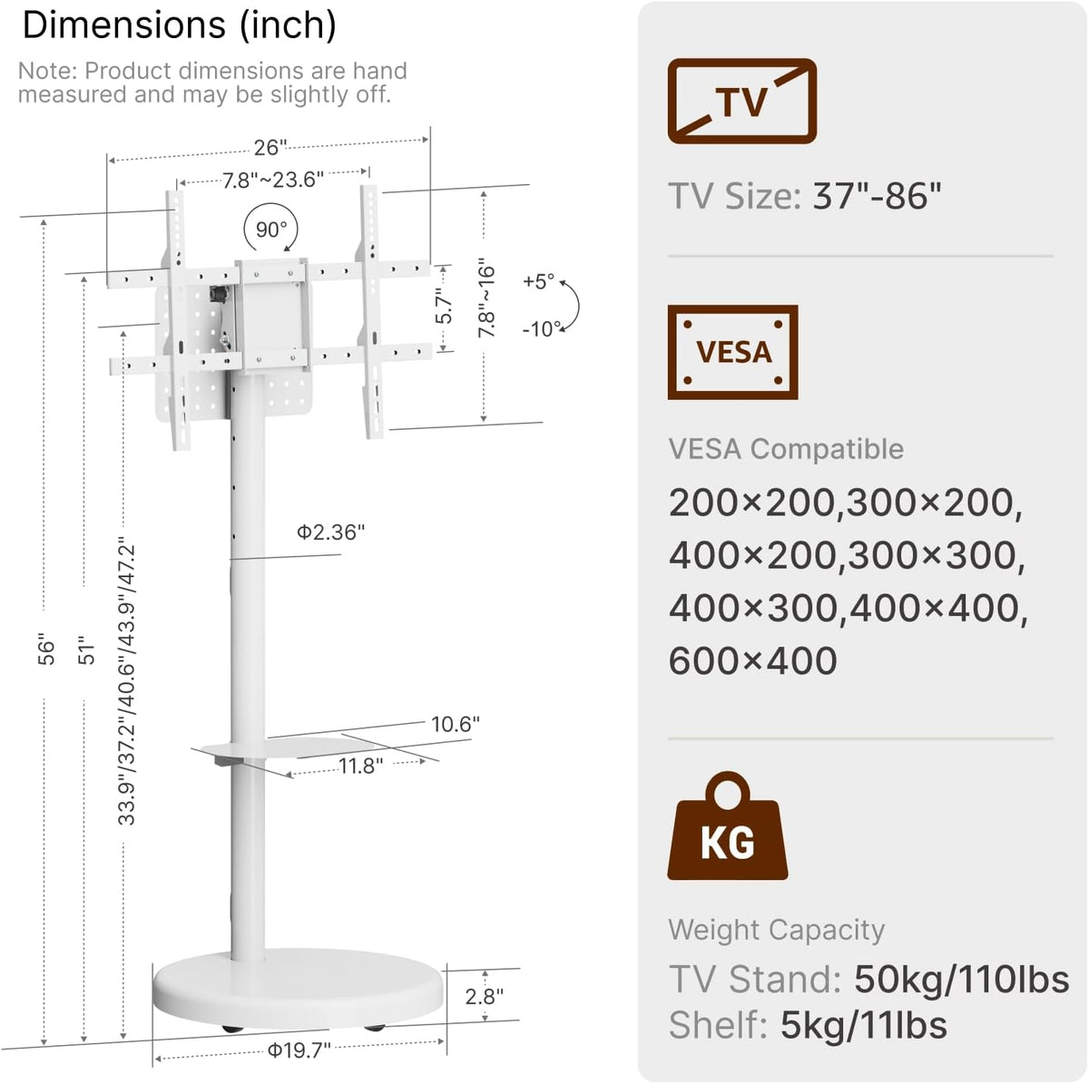 Rolling TV Stand for 37-86" TVs, 110 lbs, White