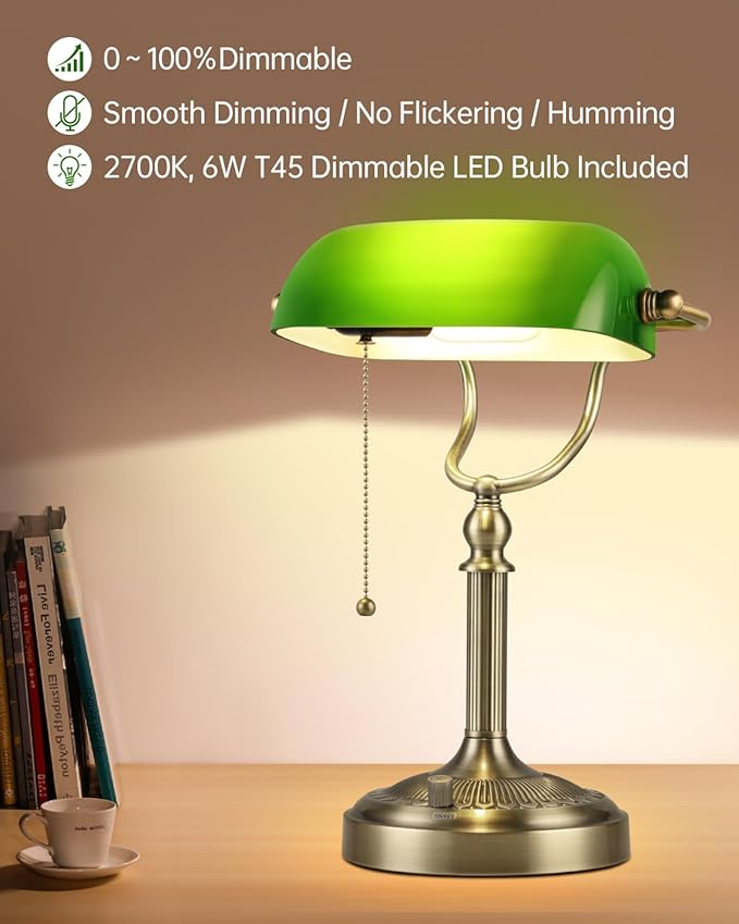 Newrays Green Glass Bankers Desk Lamp, Stepless Dimmable Table Lamp Plug in