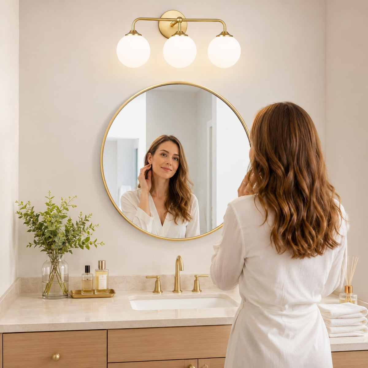 Modern Brushed Gold 3-Lights Vanity Light Fixtures with Milky White Glass Bal...