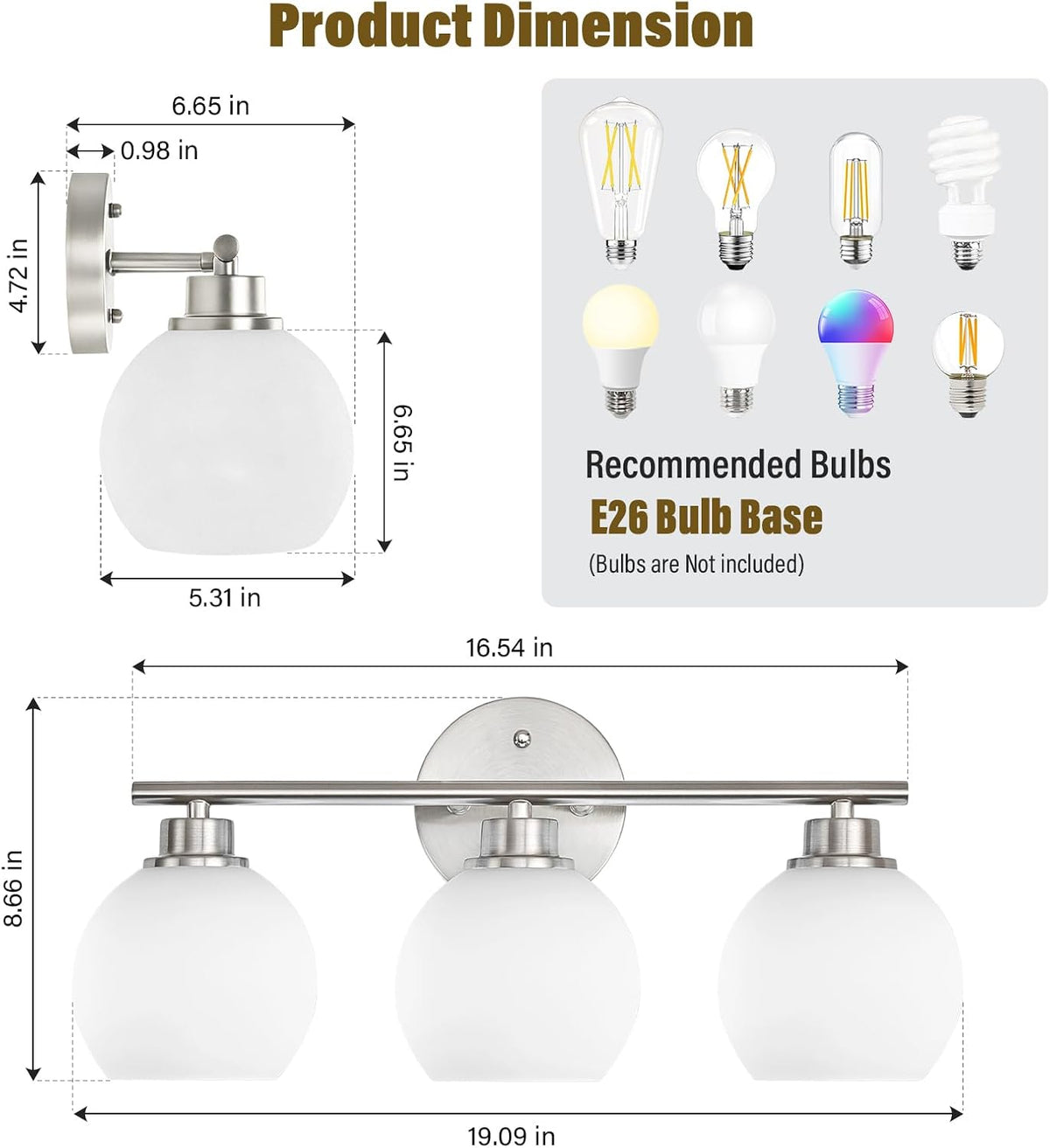 Brushed Nickel Bathroom Light Fixtures, 3-Light Vanity Light Over Mirror