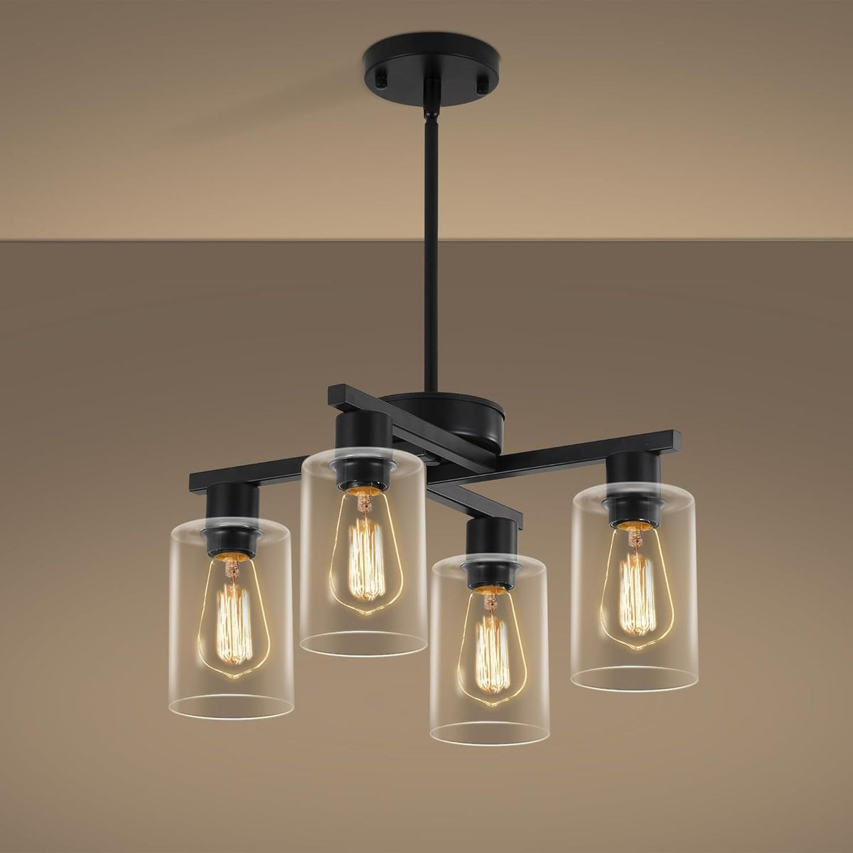 4-Light Modern Farmhouse Black Chandelier, Dining Room Light Fixture Over Tab...