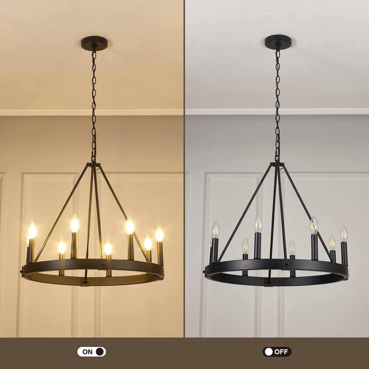 8 Lights Farmhouse Wagon Wheel Chandelier, Black, D24 Round