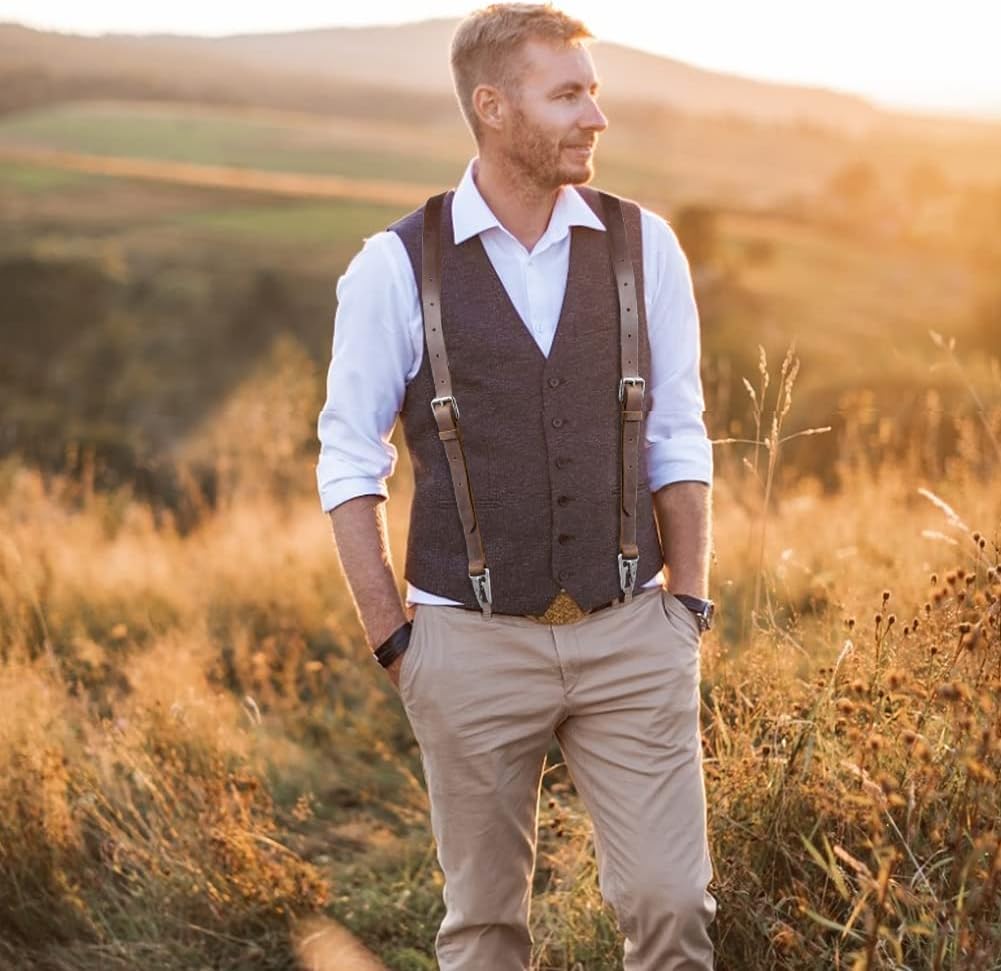 Genuine Leather Suspenders for Men, Y Design Hidden Suspenders Under Clothes,...