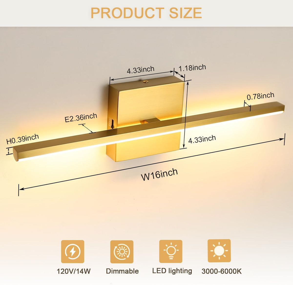 Brushed Gold Vanity Light 16 Inch Dimmable 5CCT LED