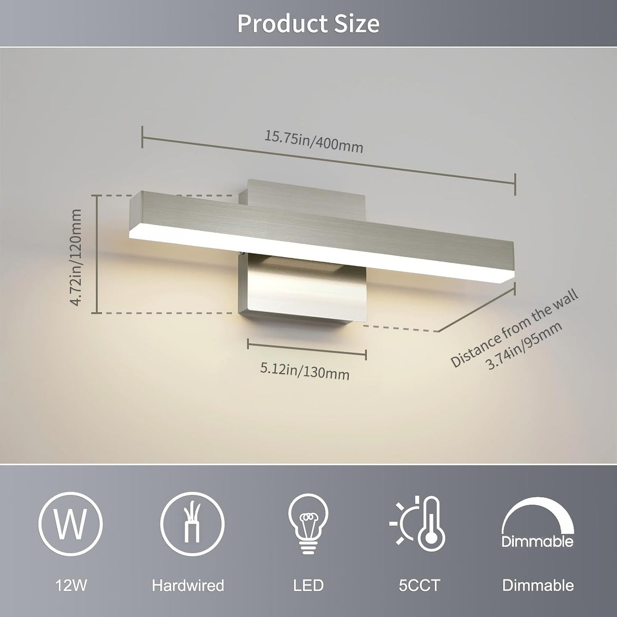 Joossnwell Bathroom Light Fixtures Brushed Nickel Vanity Lights Bar 5cct Dimm...