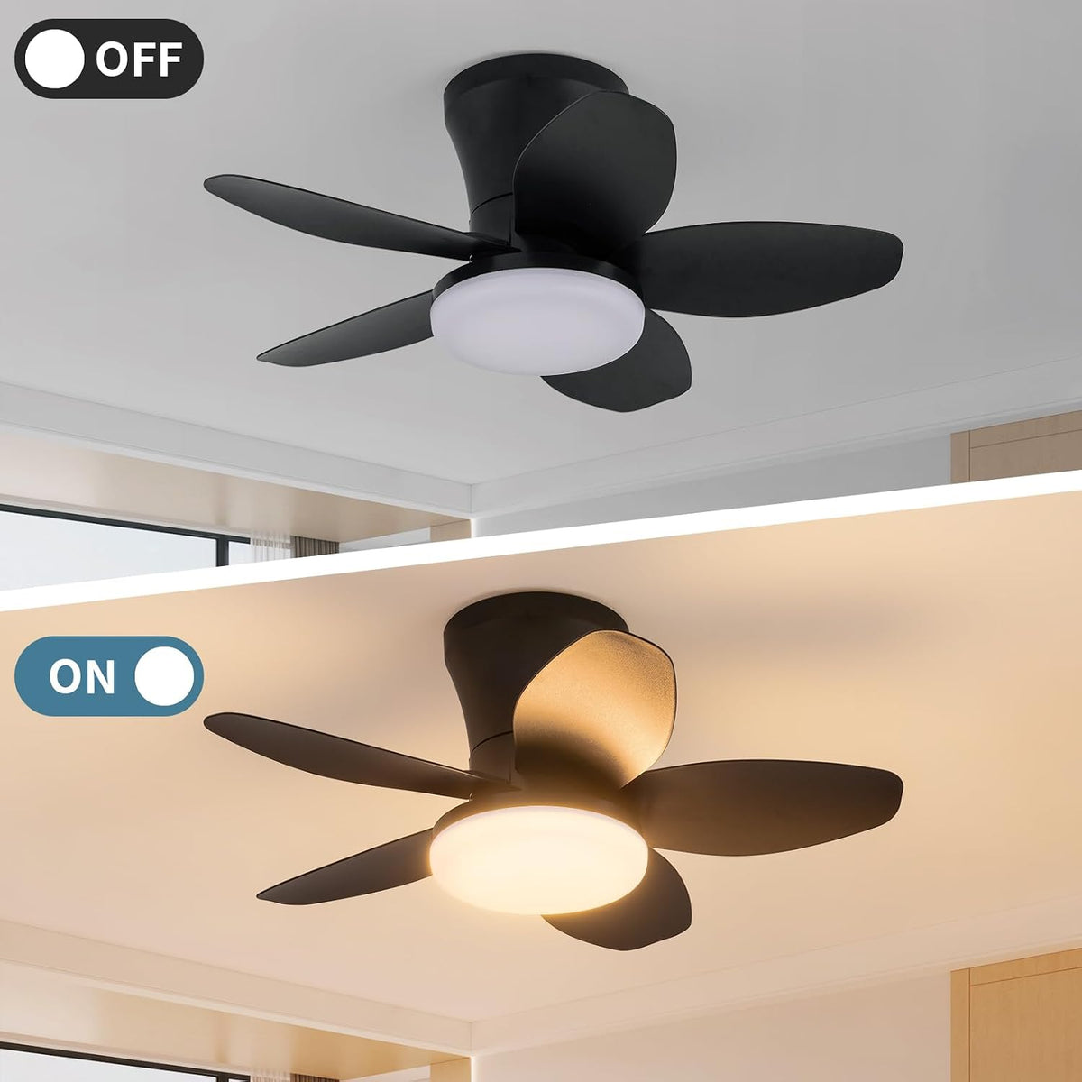 Small Ceiling Fan with Lights, 25inch 5 Blades Flush Mount with Remote