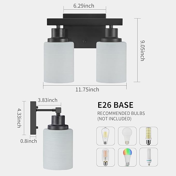 DIKAIDA Bathroom Light Fixtures Over Mirror, 2-Light Modern Matte Black Vanity