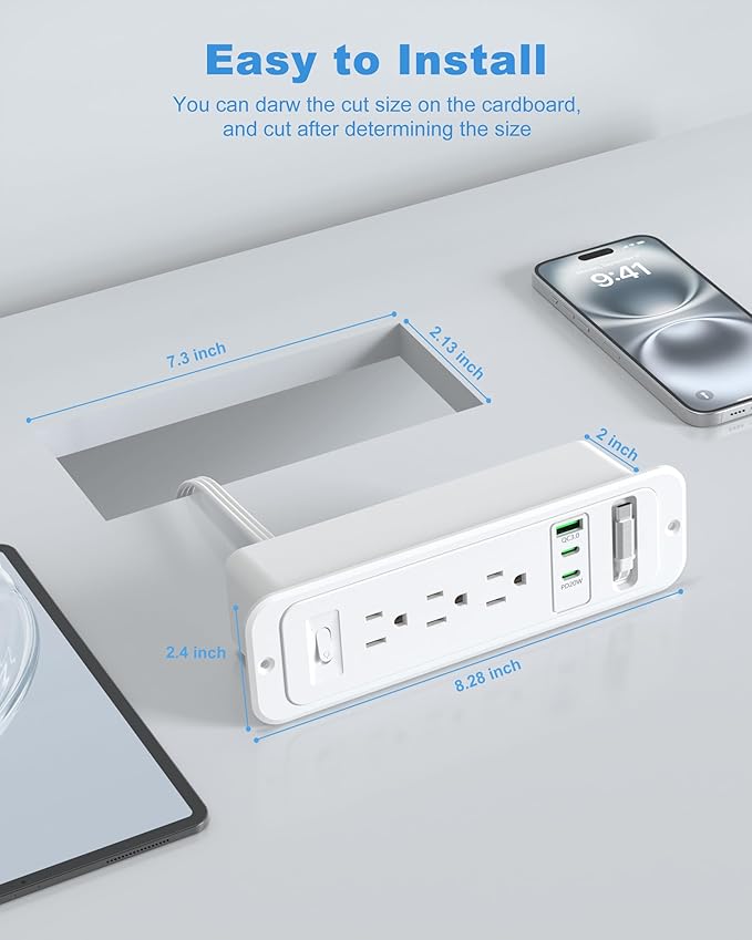 Recessed Power Strip with Retractable USB C Cable, 2 PD 20W USB C, Flush Mount